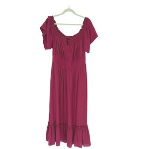 Torrid Burgundy Maxi Dress Ruffle Hem Tie Neck Size 1 Regency Boho Cottage Core
